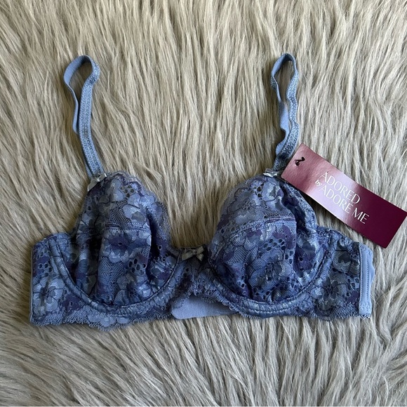Adored By Adore Me Sheer‎ Bra Womens Size 32B Blue Floral Unlined Underwire - Picture 1 of 7